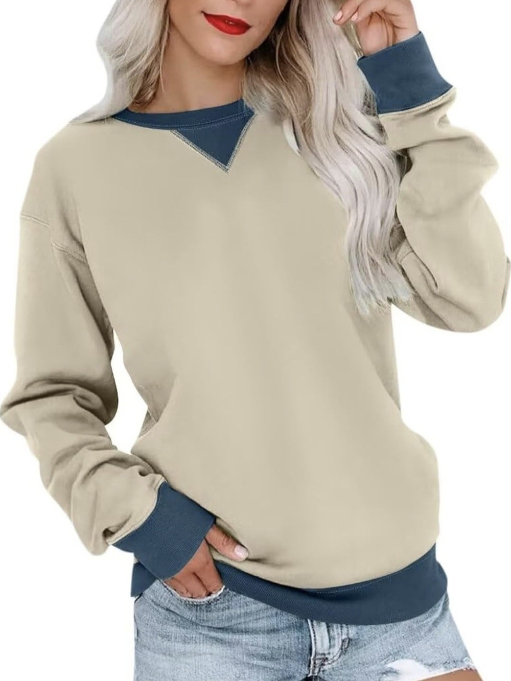 Women Color Block Sweatshirt Fall Oversize Crew Neck Pullover Long Sleeve Tops S